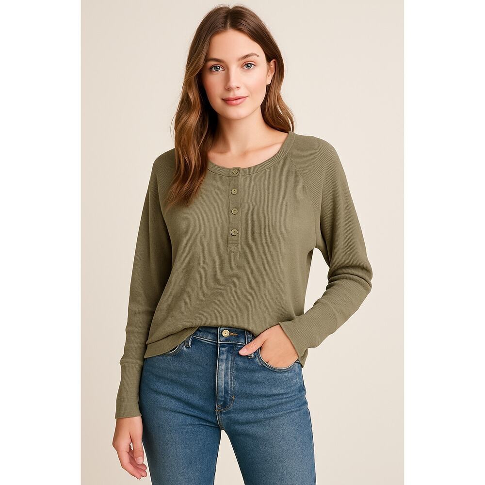 Chaser x Anthropologie Olive Waffle Knit Henley Top – Size Small